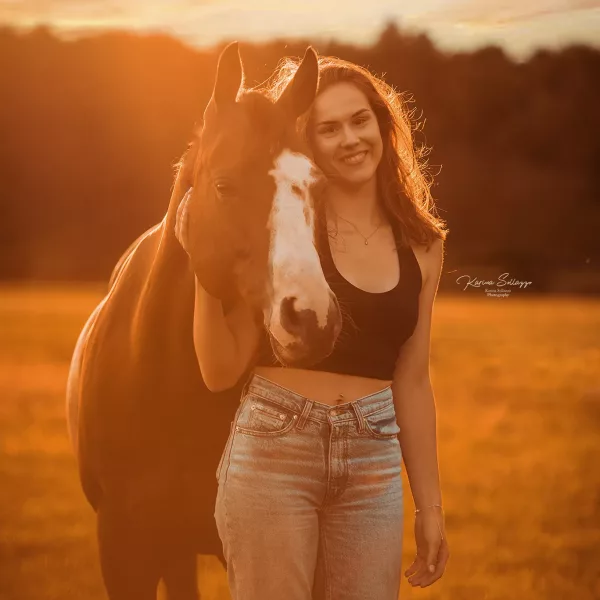 Pferd mit Besitzer im Sonnenuntergang