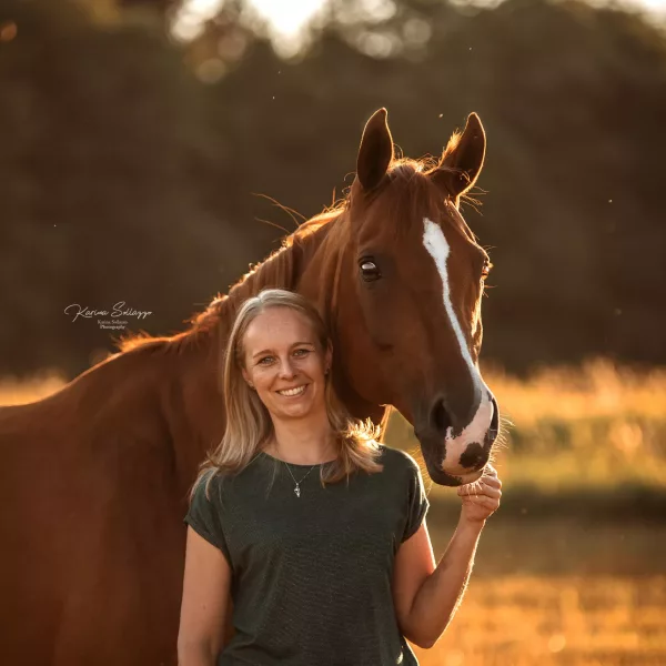 Frau mit Pferd im Sonnenuntergang